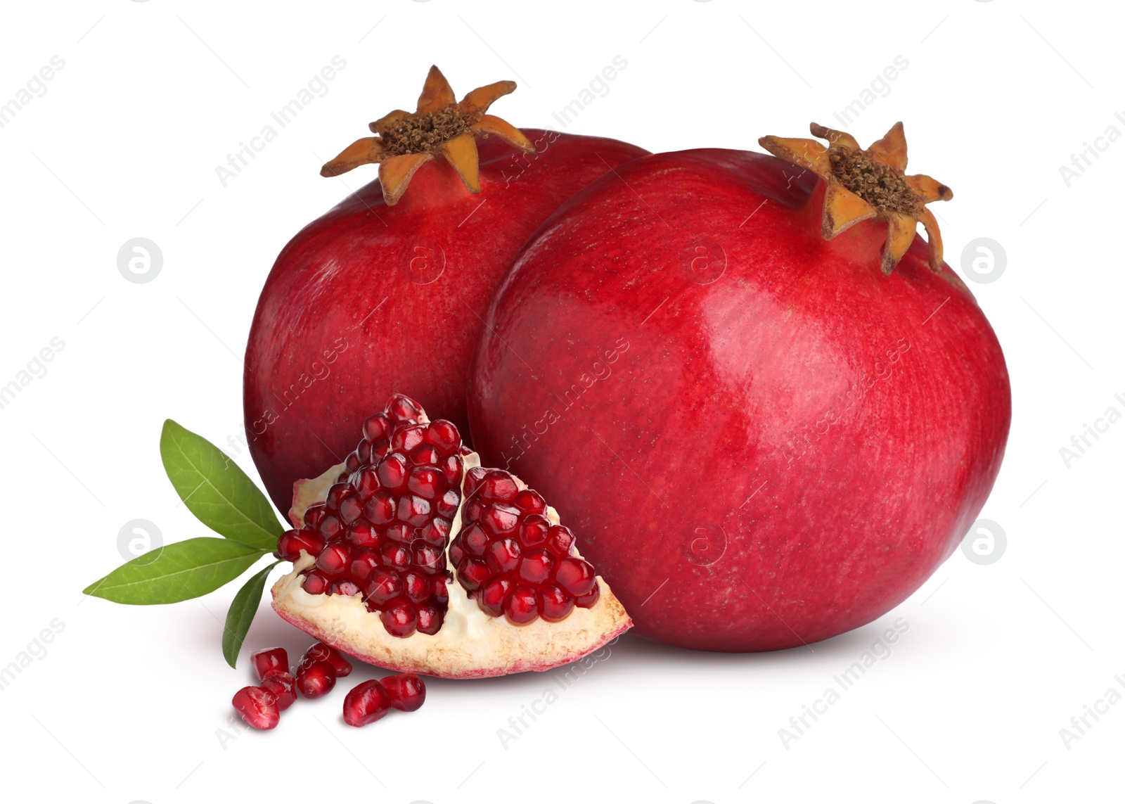 Image of Fresh ripe juicy pomegranates on white background