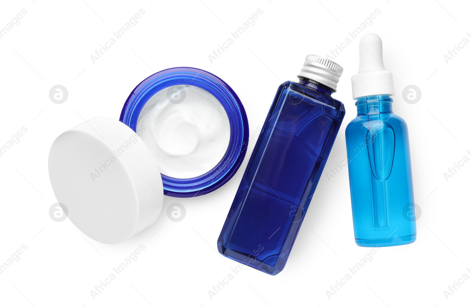 Photo of Set of luxury cosmetic products isolated on white, top view