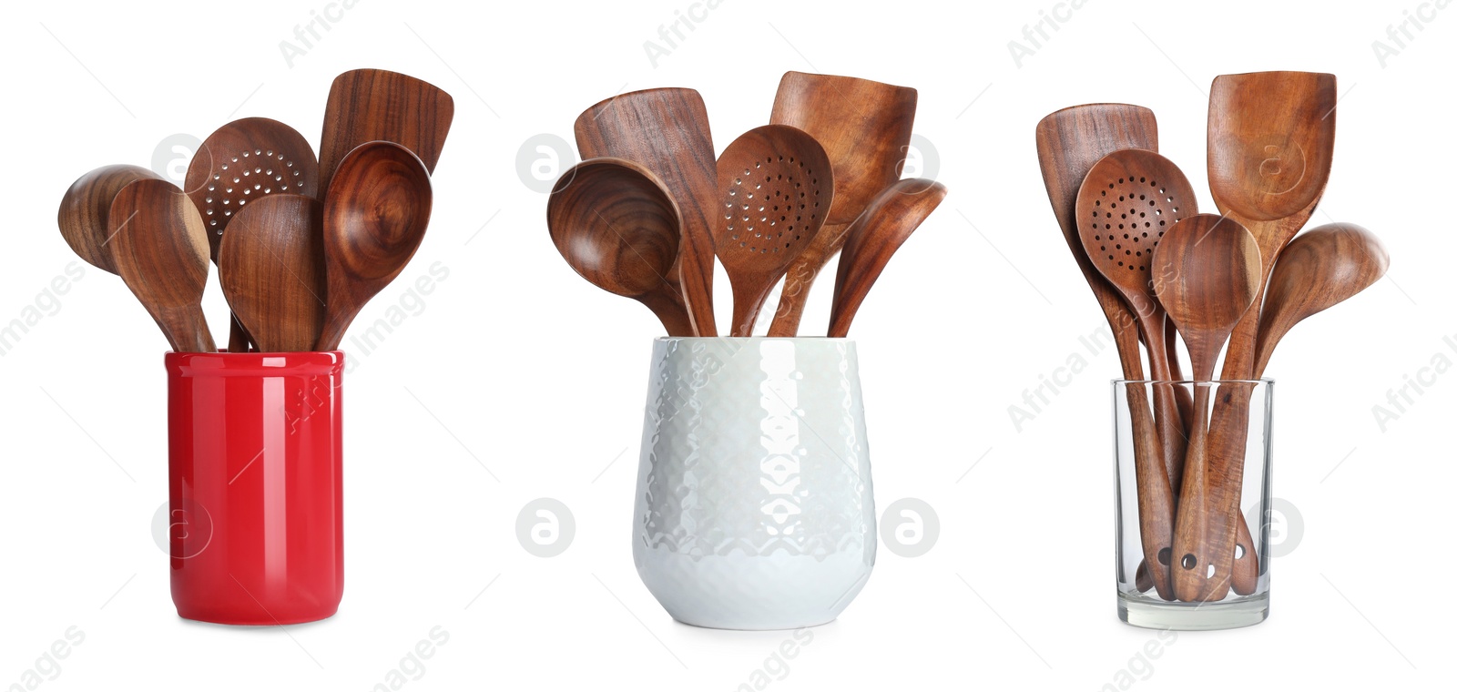 Image of Wooden kitchen tool set in holders on white background, collage. Banner design