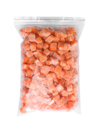 Photo of Frozen carrots in plastic bag isolated on white, top view. Vegetable preservation