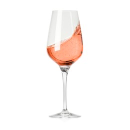 Rose wine splashing in glass on white background