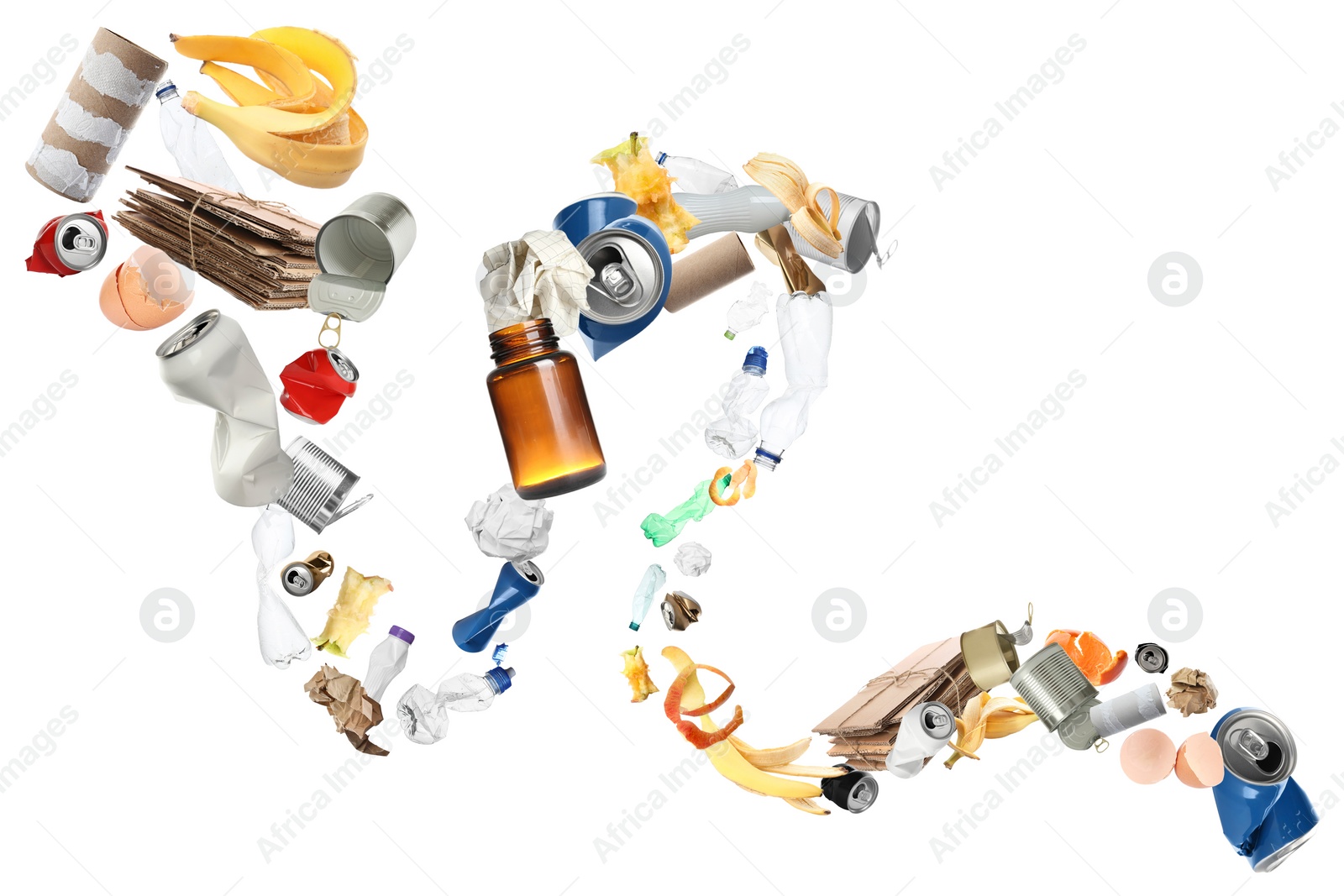 Image of Lots of different garbage flying on white background