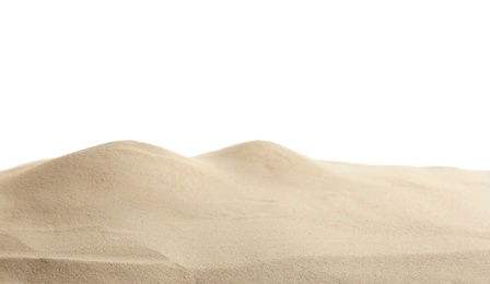 Photo of Beach sand on white background. Mockup for design