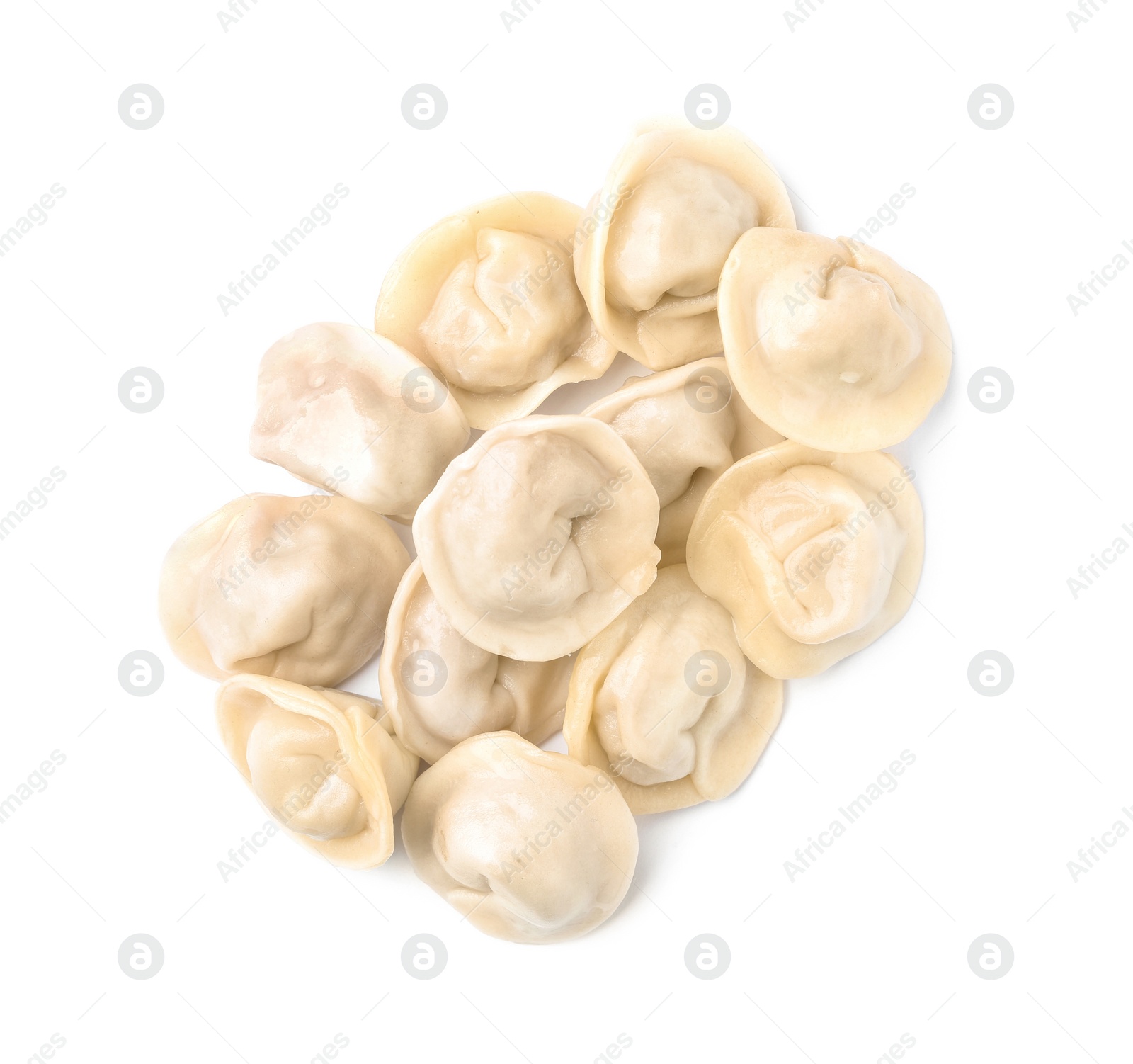 Photo of Pile of boiled dumplings on white background, top view