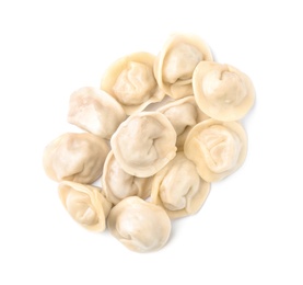 Photo of Pile of boiled dumplings on white background, top view