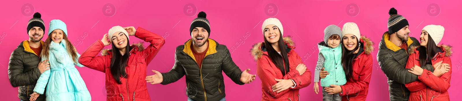 Image of Collage with photos of people wearing warm clothes on pink background, banner design. Winter vacation