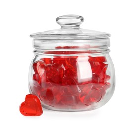 Tasty heart shaped jelly candies on white background