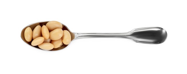 Spoon of canned kidney beans on white background, top view