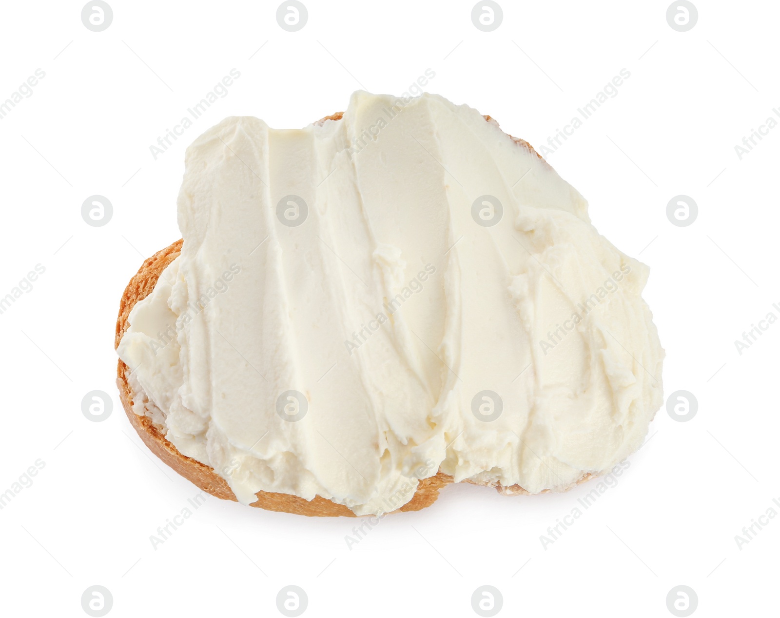 Photo of Toasted bread with cream cheese isolated on white, top view