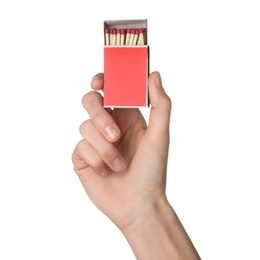 Photo of Woman holding box with matches on white background, closeup. Mockup for design