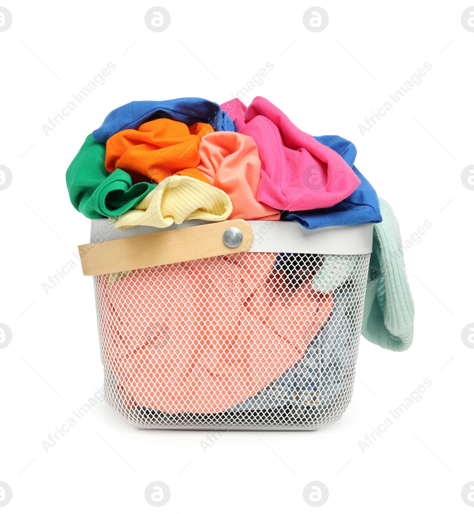 Photo of Laundry basket with clean colorful clothes isolated on white