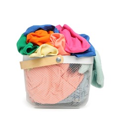 Laundry basket with clean colorful clothes isolated on white
