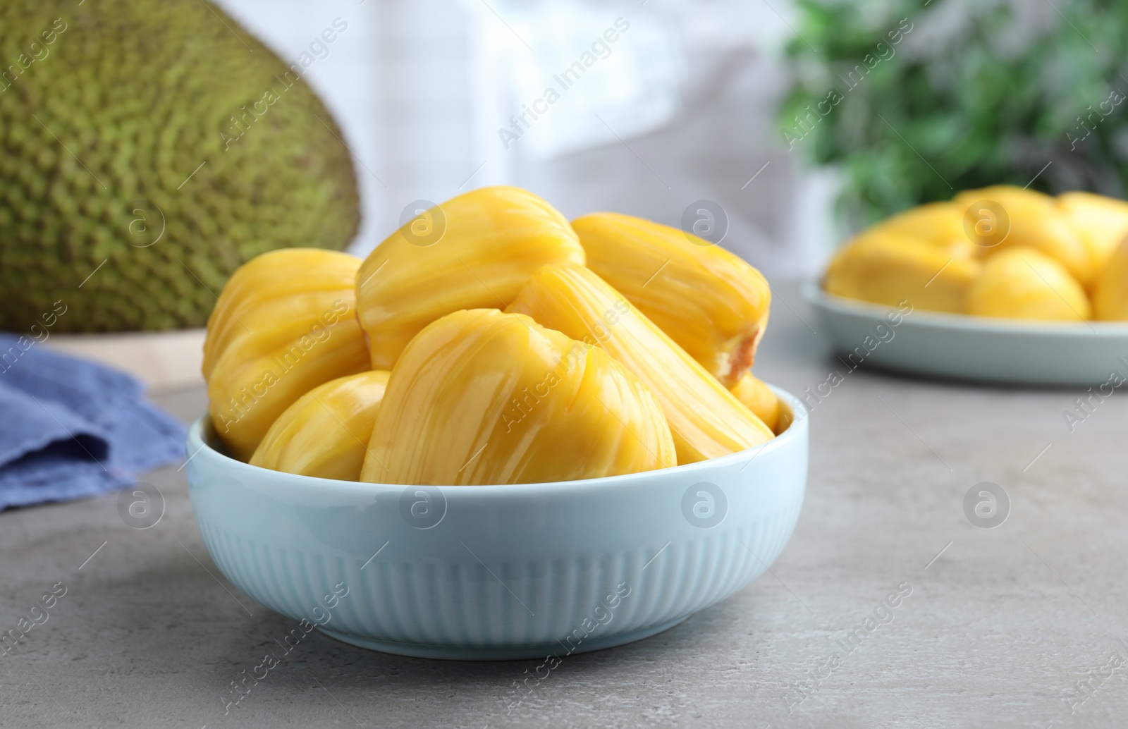 Photo of Fresh exotic jackfruit bulbs on light grey table