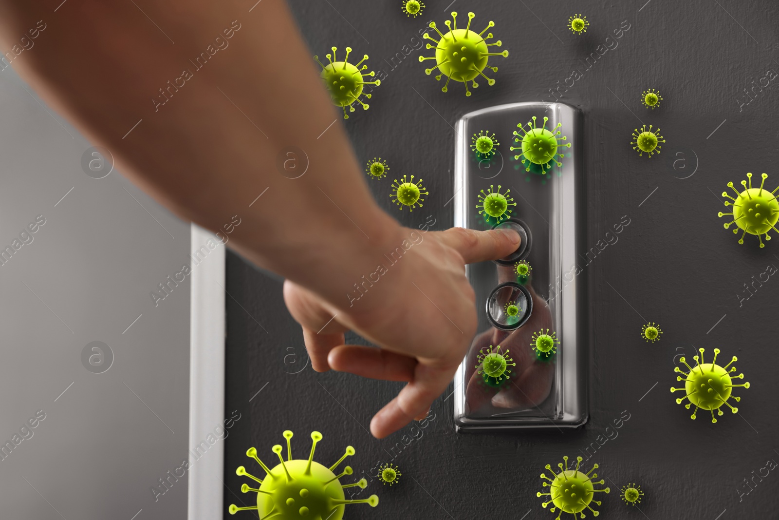 Image of Man press button in elevator with germs, closeup