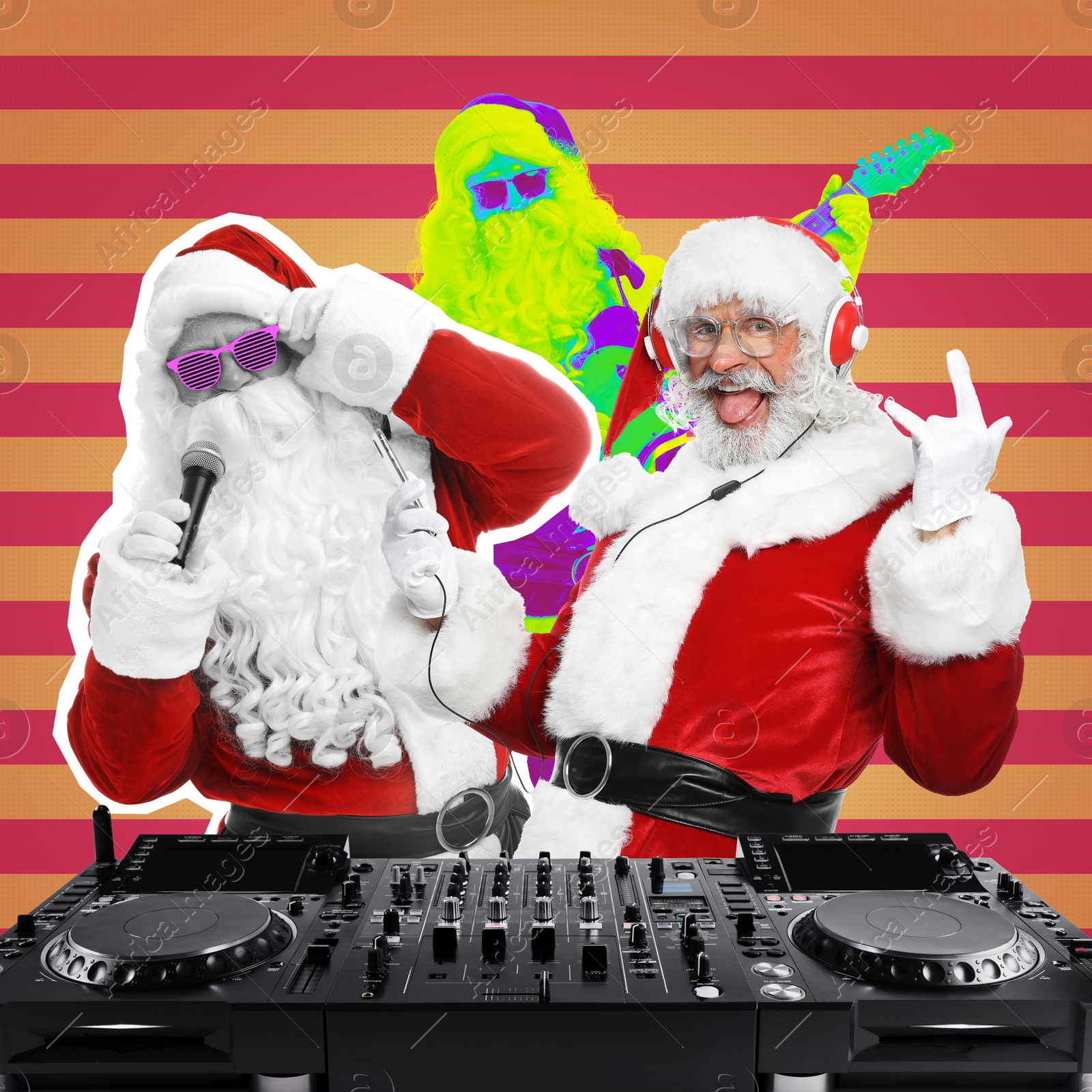 Image of Winter holidays bright artwork. Santa Clauses playing music at DJ controller against color background, creative collage