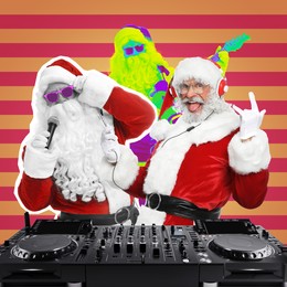 Image of Winter holidays bright artwork. Santa Clauses playing music at DJ controller against color background, creative collage