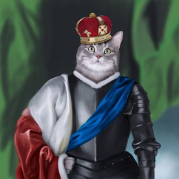 Image of Cute cat dressed like royal person against green background