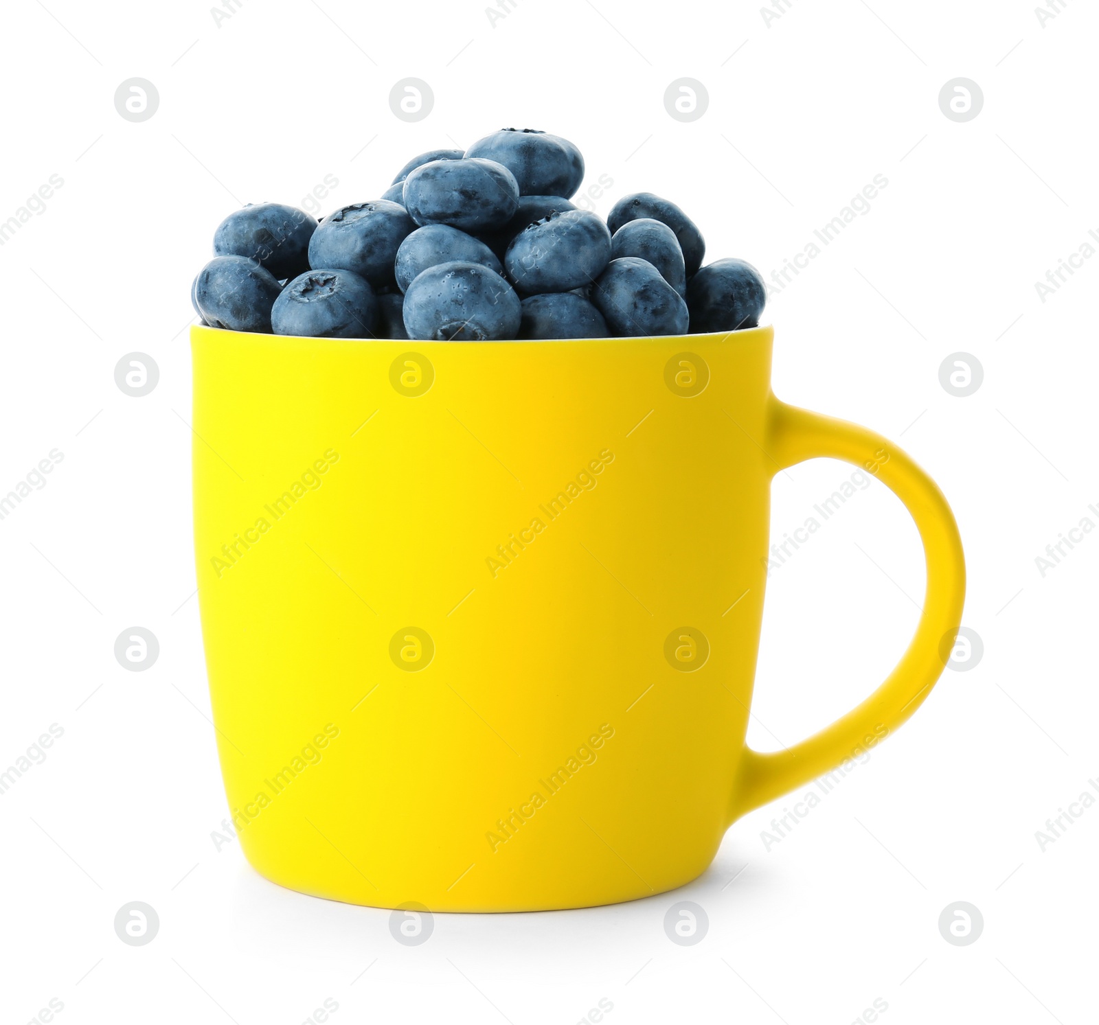 Photo of Cup full of fresh ripe blueberries on white background