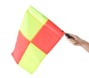 Referee holding linesman flag on white background, closeup