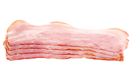 Image of Fresh raw bacon slices on white background