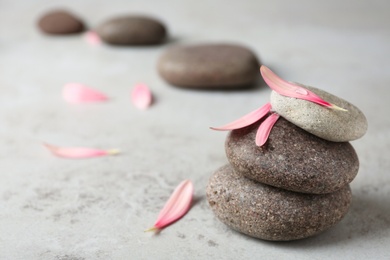 Photo of Stacked spa stones with flower petals on grey table. Space for text