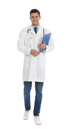 Photo of Doctor with clipboard walking on white background