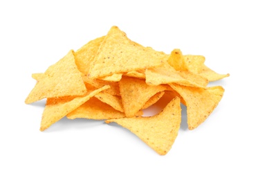 Tasty Mexican nachos chips on white background