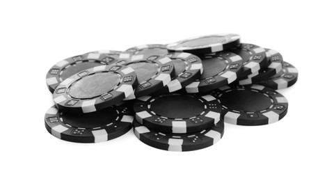 Photo of Black casino chips on white background. Poker game