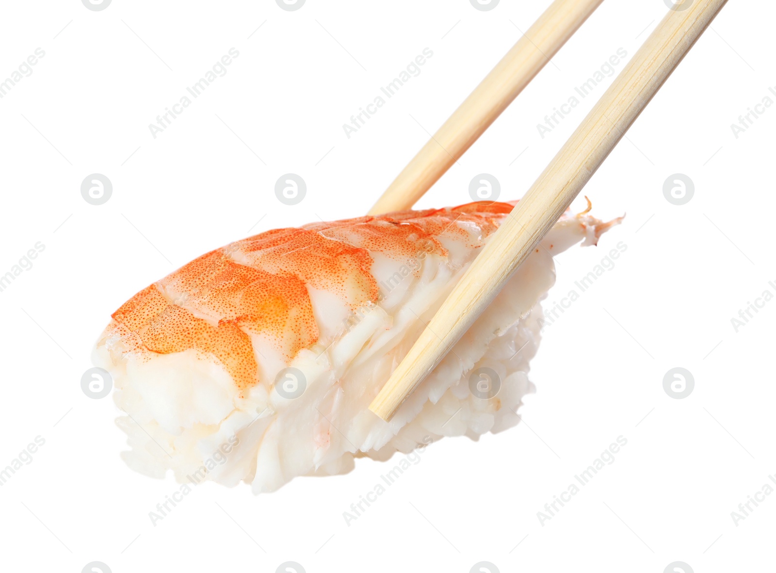 Photo of Chopsticks with delicious nigiri sushi isolated on white