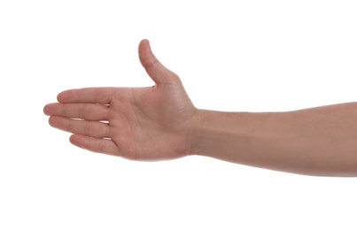 Photo of Man held out hand on white background, closeup