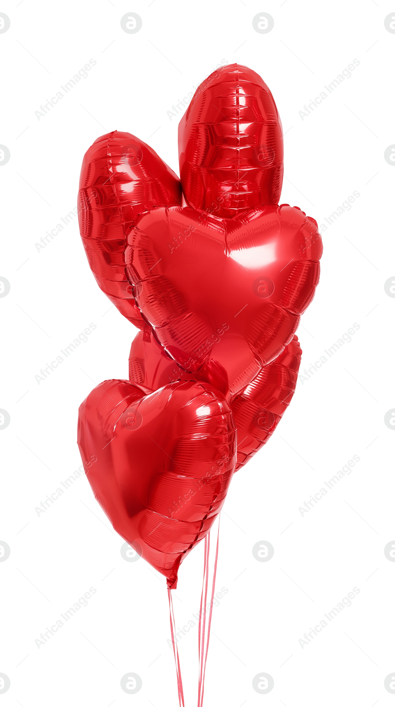 Photo of Many red heart shaped balloons isolated on white. Valentine's day celebration