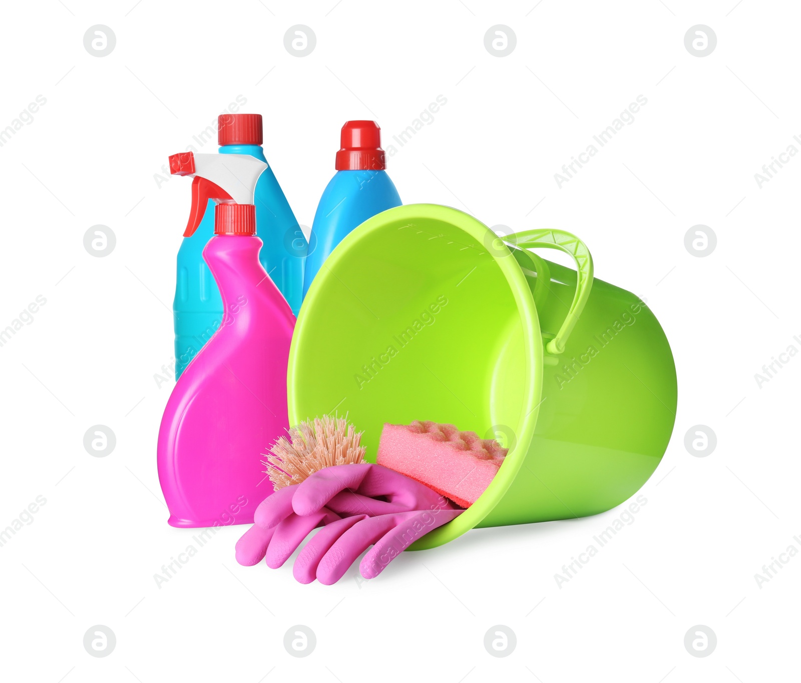 Photo of Green bucket, cleaning supplies and tools on white background