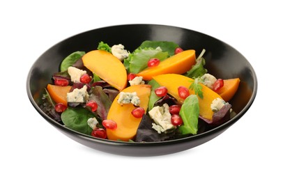 Photo of Delicious persimmon salad with pomegranate and spinach isolated on white