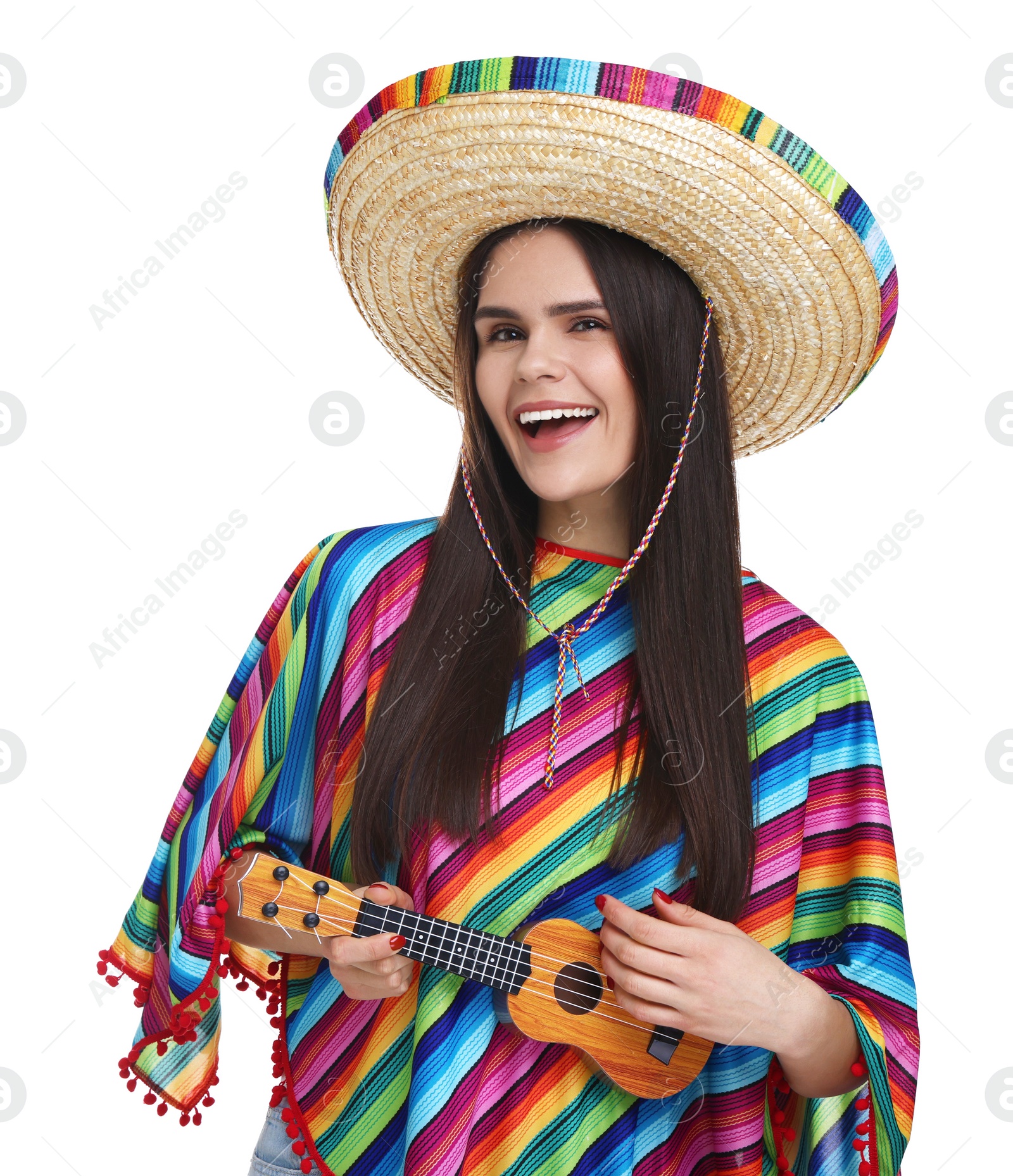 Photo of Young woman in Mexican sombrero hat and poncho playing ukulele on white background
