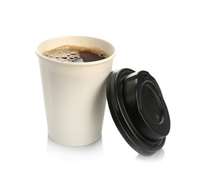 Aromatic coffee in takeaway paper cup and lid on white background. Space for design