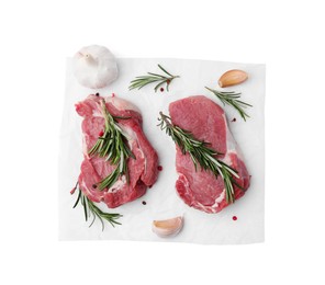 Photo of Fresh raw meat with rosemary and spices isolated on white, top view