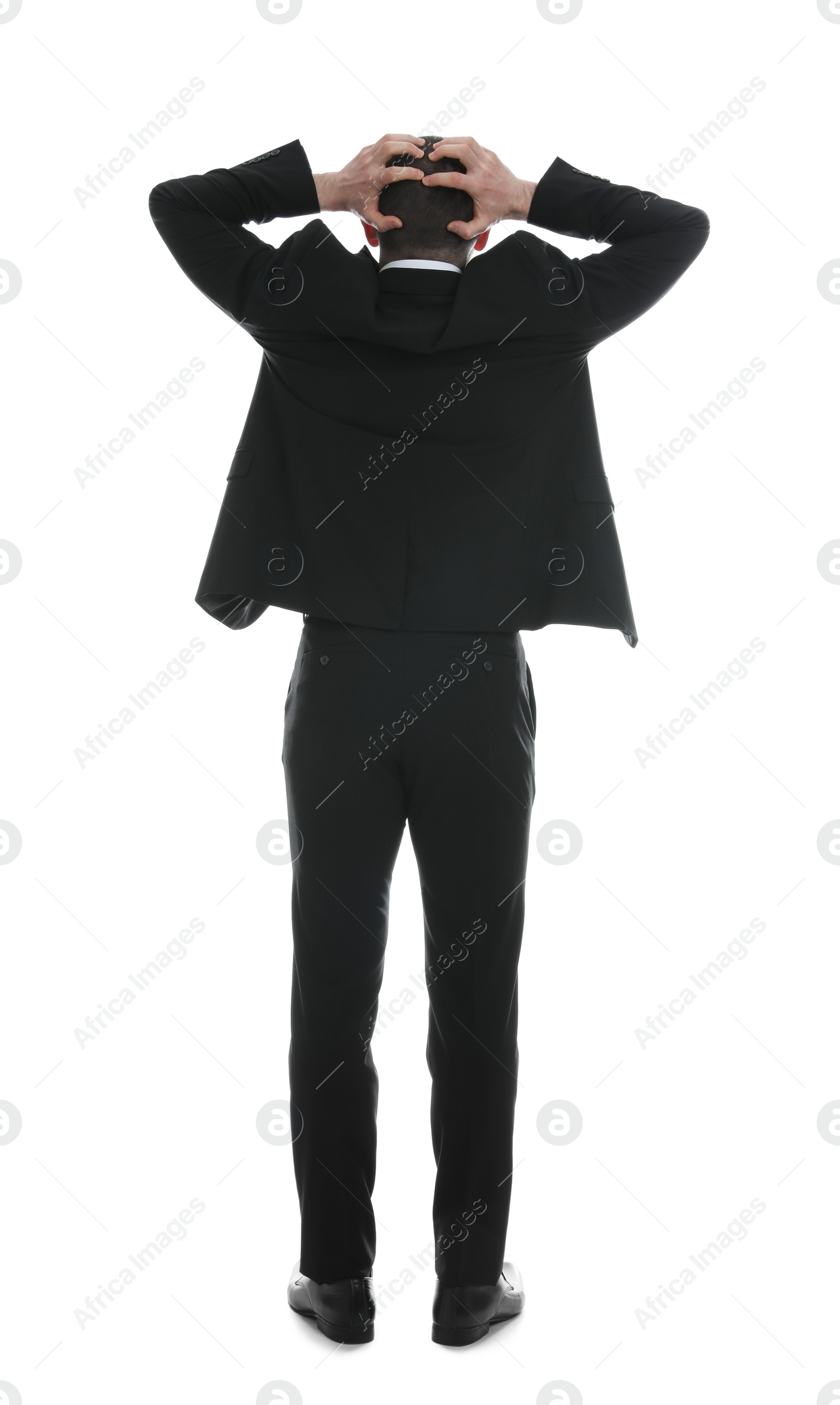 Photo of Businessman in suit on white background, back view