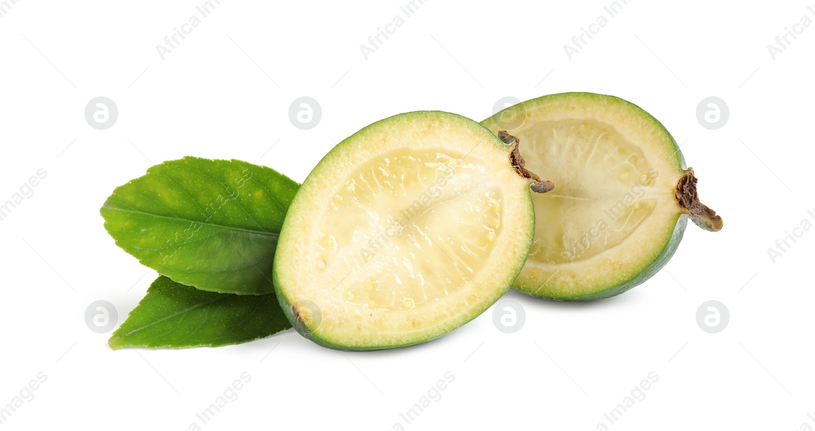 Photo of Cut feijoa with leaves on white background