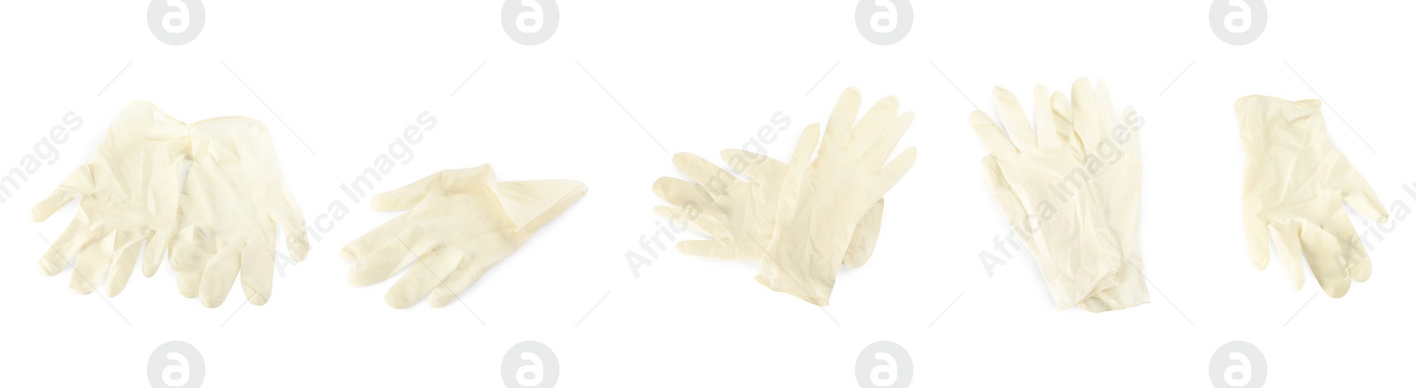 Image of Set of medical gloves on white background. Banner design