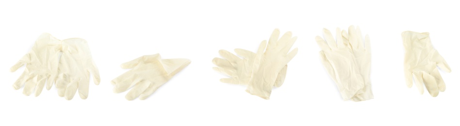 Image of Set of medical gloves on white background. Banner design