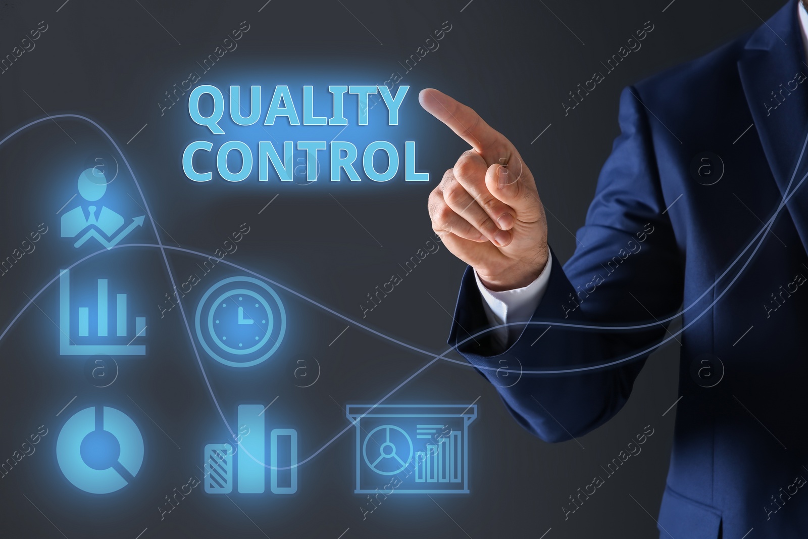 Image of Quality control service. Businessman using virtual screen, closeup