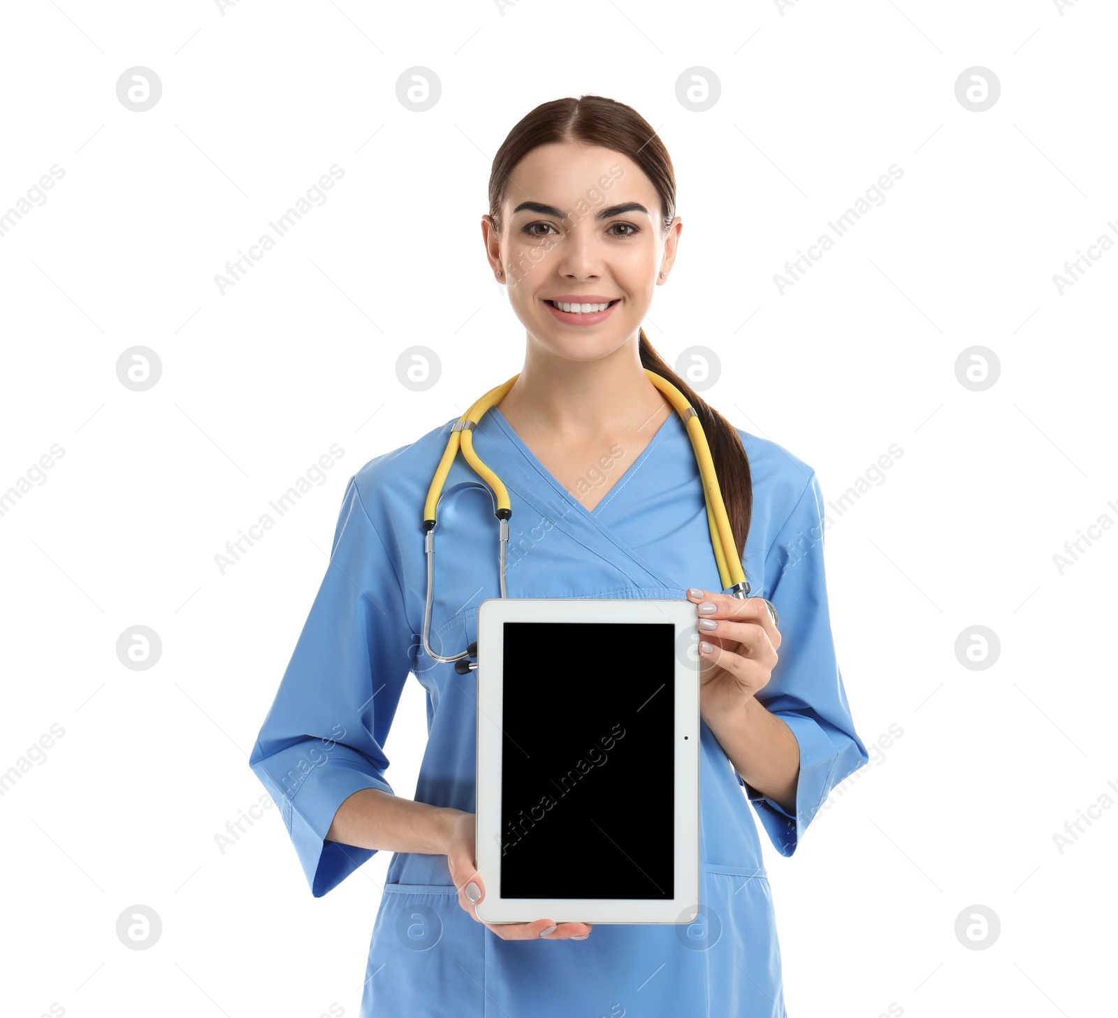 Photo of Portrait of medical assistant with stethoscope and tablet on white background. Space for text
