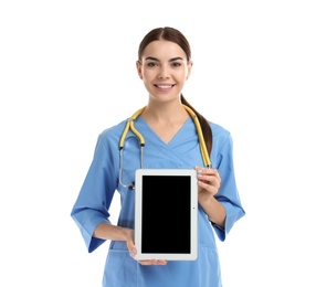 Photo of Portrait of medical assistant with stethoscope and tablet on white background. Space for text