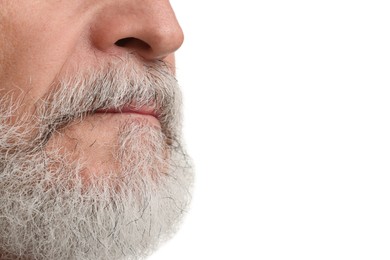 Photo of Man with mustache on white background, closeup