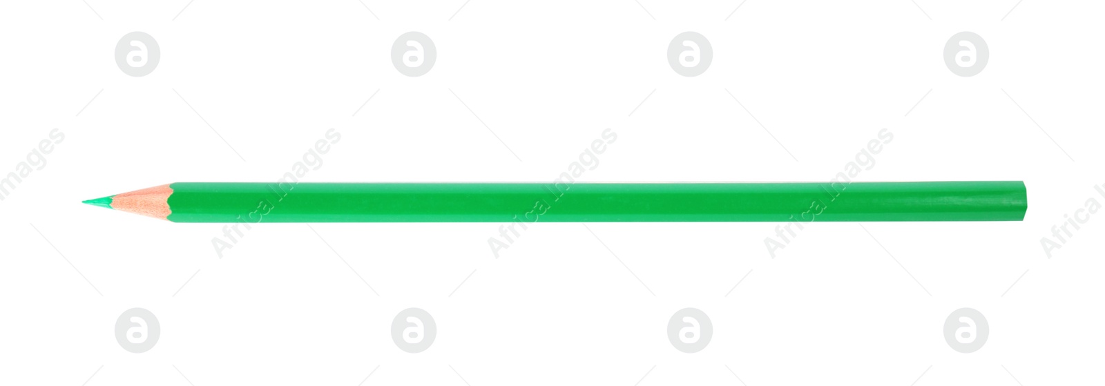 Photo of Turquoise wooden pencil on white background, top view. School stationery