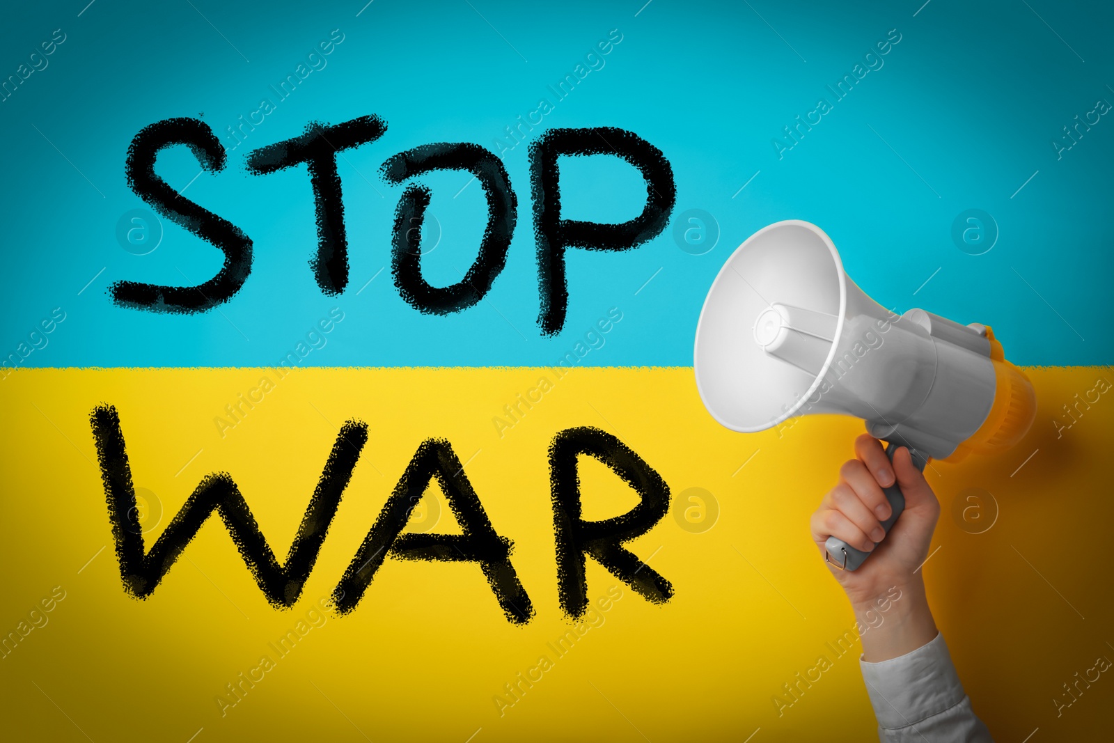 Image of Stop war in Ukraine. Woman with megaphone against Ukrainian national flag