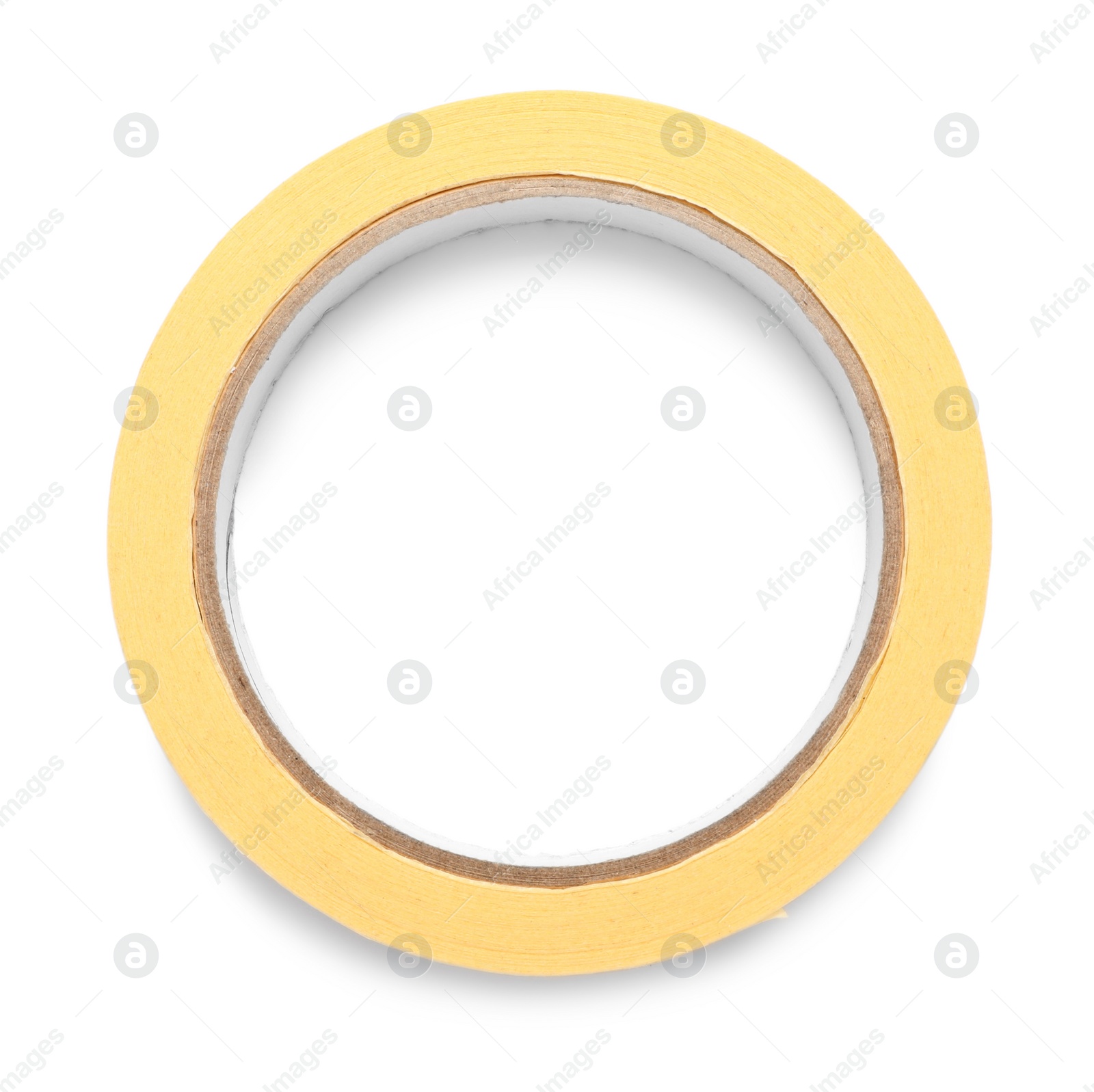 Photo of Roll of yellow adhesive tape on white background, top view