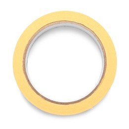 Roll of yellow adhesive tape on white background, top view