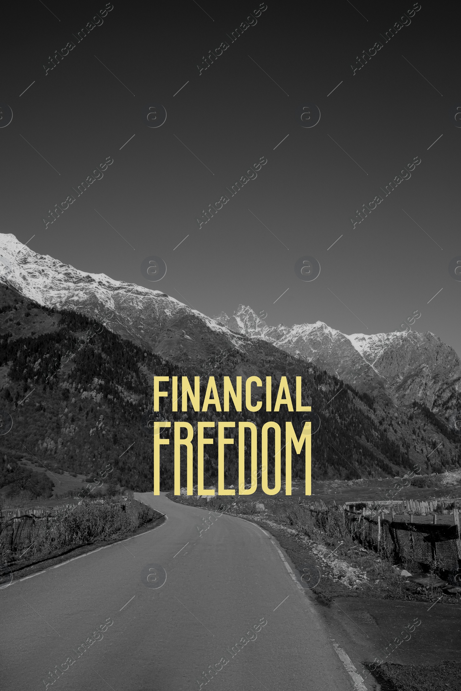 Image of Way to financial freedom. Words over asphalt road, black and white effect