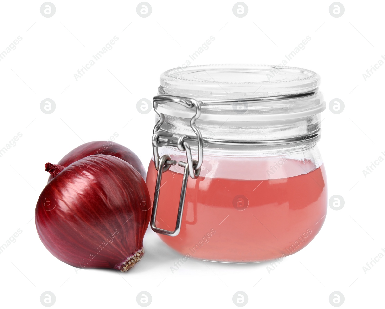 Photo of Glass jar of onion syrup and fresh ingredient on white background